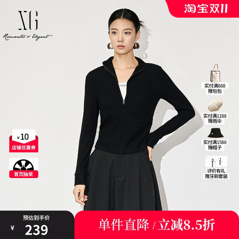 XG/雪歌XL401607B890拼接设计长袖T恤2025冬季新款黑色修身上衣女