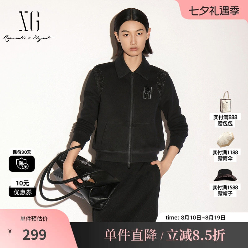 XG/雪歌 XK307725A890黑色翻领长袖卫衣拉链短外套宽松直筒休闲女