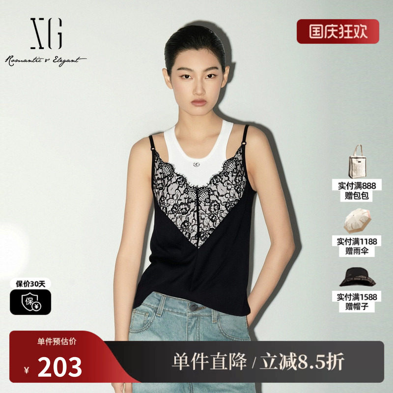 XG/雪歌XL125001B190假两件蕾丝拼接背心修身显瘦搭配微透吊带女