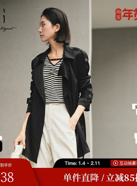 XG/雪歌XK308012A290黑色休闲风衣2025秋季新款中长款长袖外套女