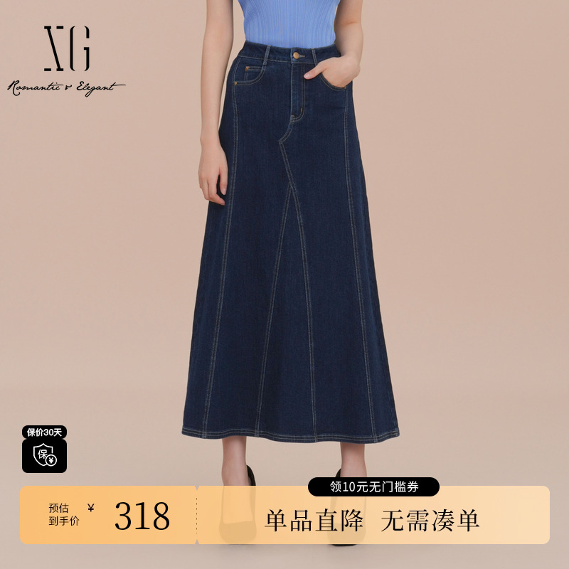 XG/雪歌XK103007A219中长款牛仔半身裙2025春季新款高腰A字裙女装
