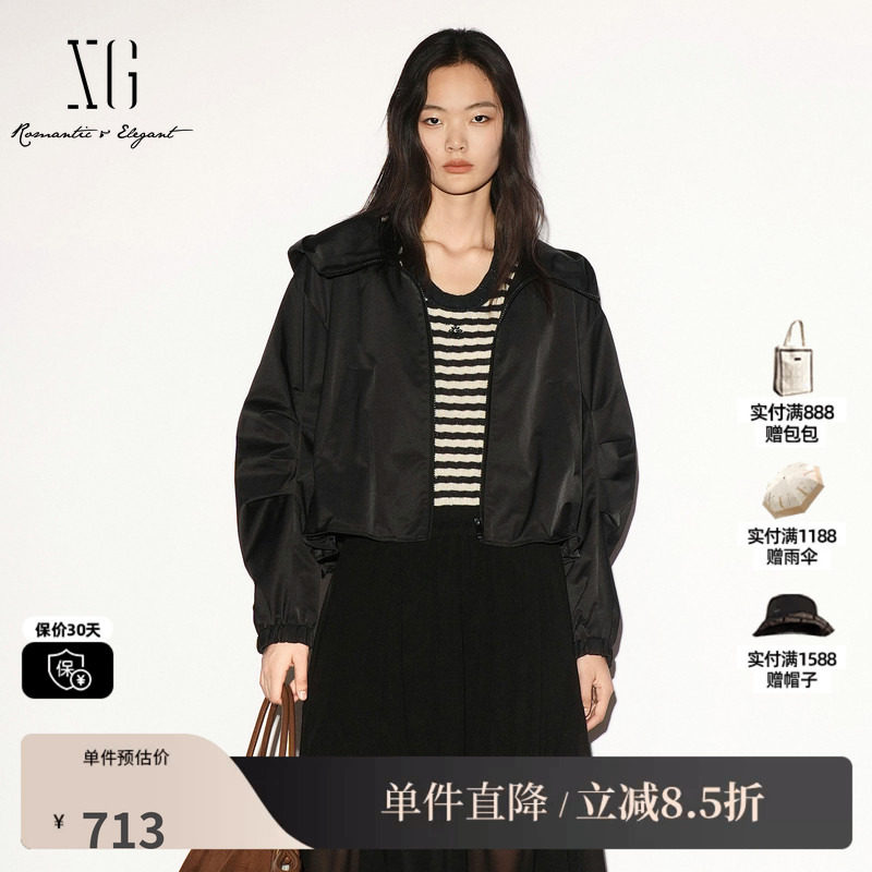 XG/雪歌 XL307005A290黑色连帽长袖短外套冲锋衣休闲运动上衣女装