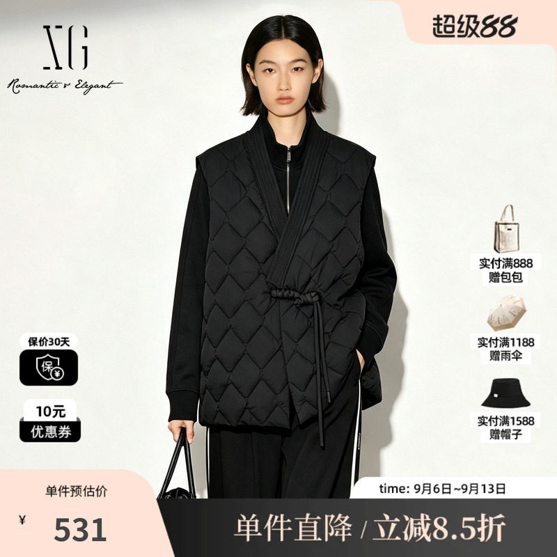 XG/雪歌 XK406767A890黑色无领新中式盘扣白鸭绒羽绒马夹外套女装