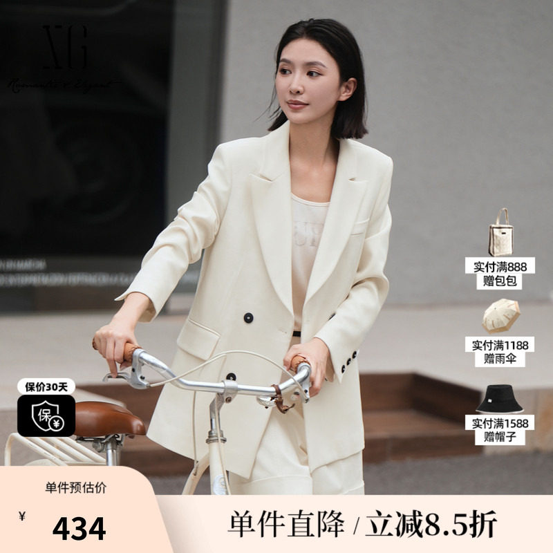 XG/雪歌XK307019A251双排扣休闲西装2025秋季新款白色长袖外套女