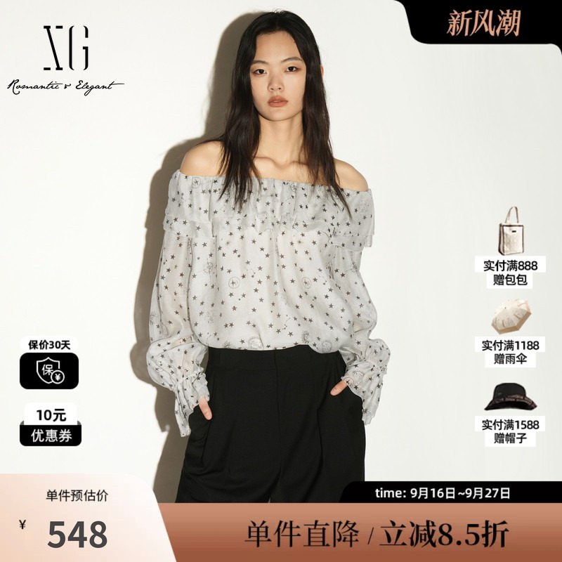 XG/雪歌 XL321018B292白色星星波点莱赛尔一字领长袖衬衫多穿女装