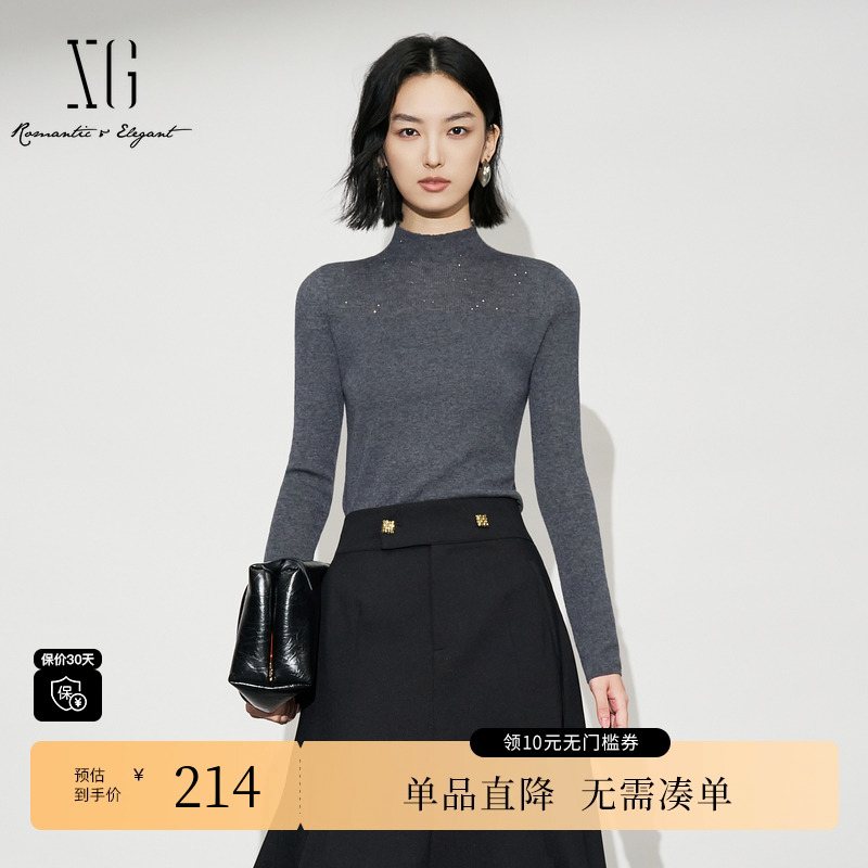 XG雪歌XL411640A884修身长袖毛衣2025冬季新款灰色绵羊毛针织衫女