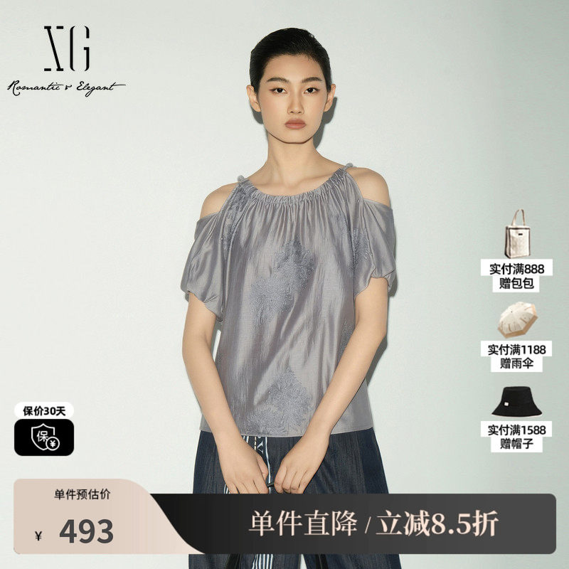 XG/雪歌 XL221011A584灰色莱赛尔短袖露肩短袖衬衫绣花国风优雅女