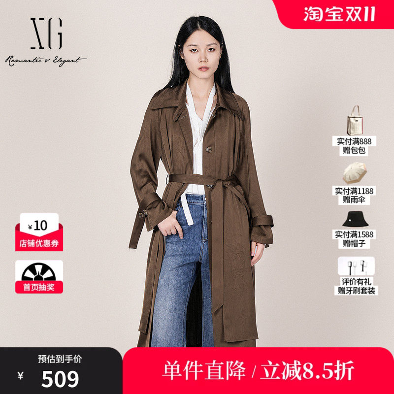 XG/雪歌XL108008A409 咖色直筒中长风衣衬衫领垂感高级休闲外套女