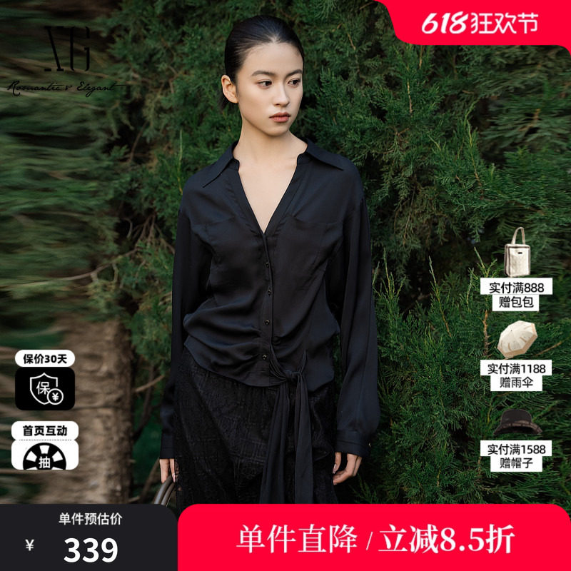 XG/雪歌XL121020A490醋纤翻领绑带衬衫黑色V领长袖收腰短上衣女装