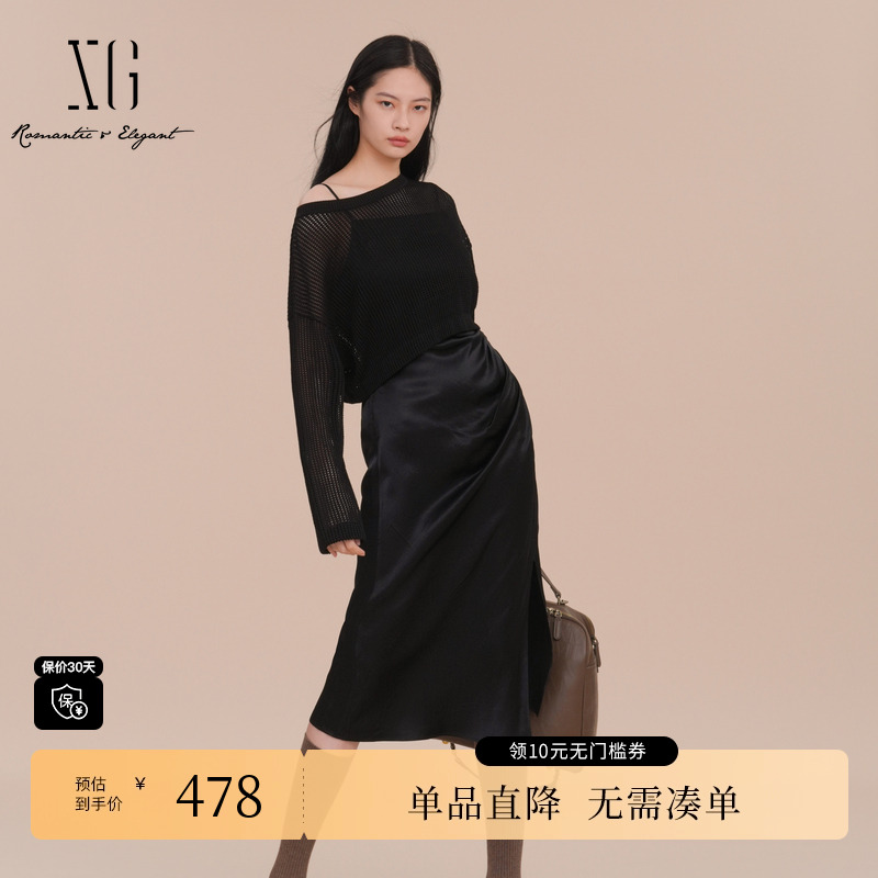 XG/雪歌XK111002A690黑色两件套连衣裙2025春季新款镂空吊带裙女