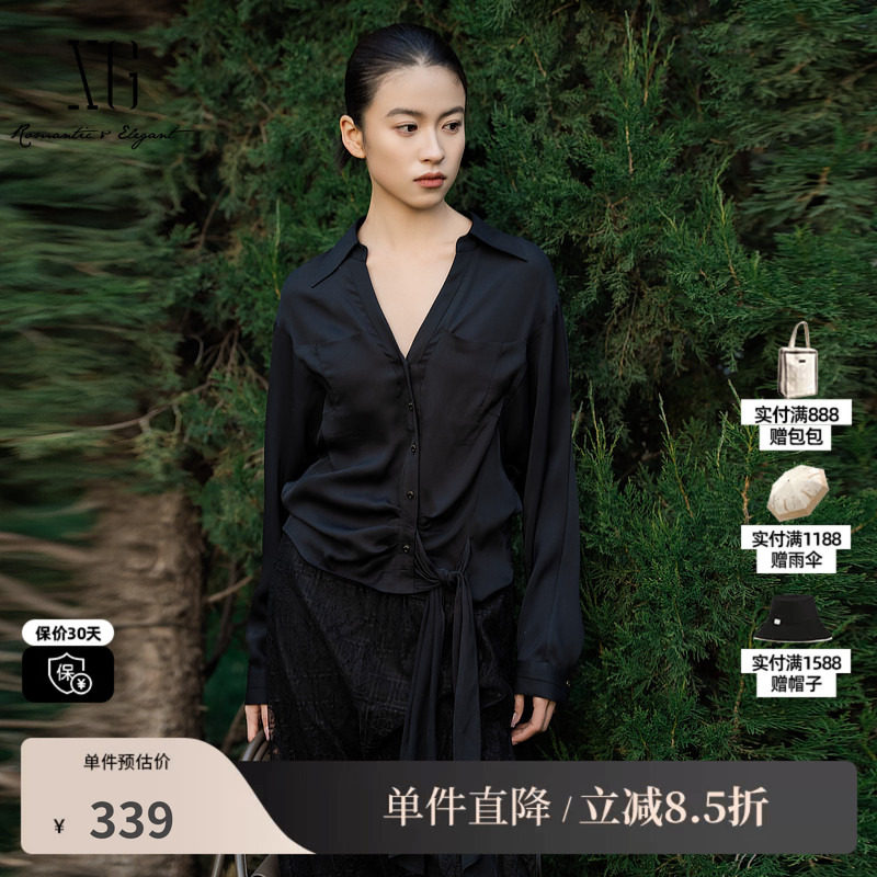 XG/雪歌XL121020A490醋纤翻领绑带衬衫黑色V领长袖收腰短上衣女装