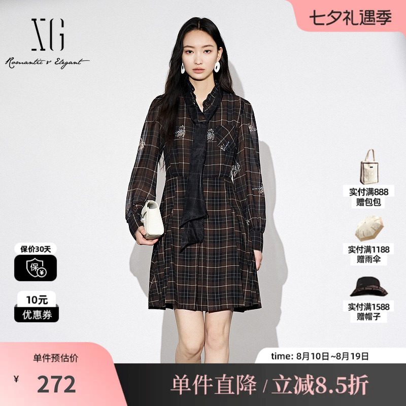 XG/雪歌XJ304014B395格纹长袖连衣裙时尚秋季新款通勤衬衫A字裙女