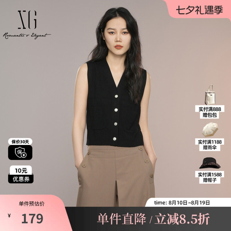 XG/雪歌XK311009A190黑色V领无袖针织马夹背心直筒修身内搭马甲女