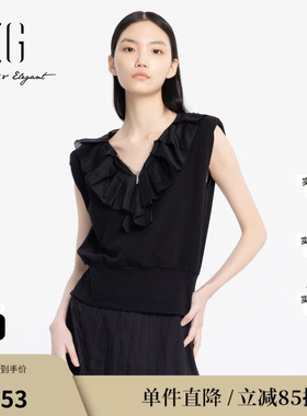 XG/雪歌XJ201019A690黑色荷叶边无袖T恤时尚夏季新款V领上衣女装