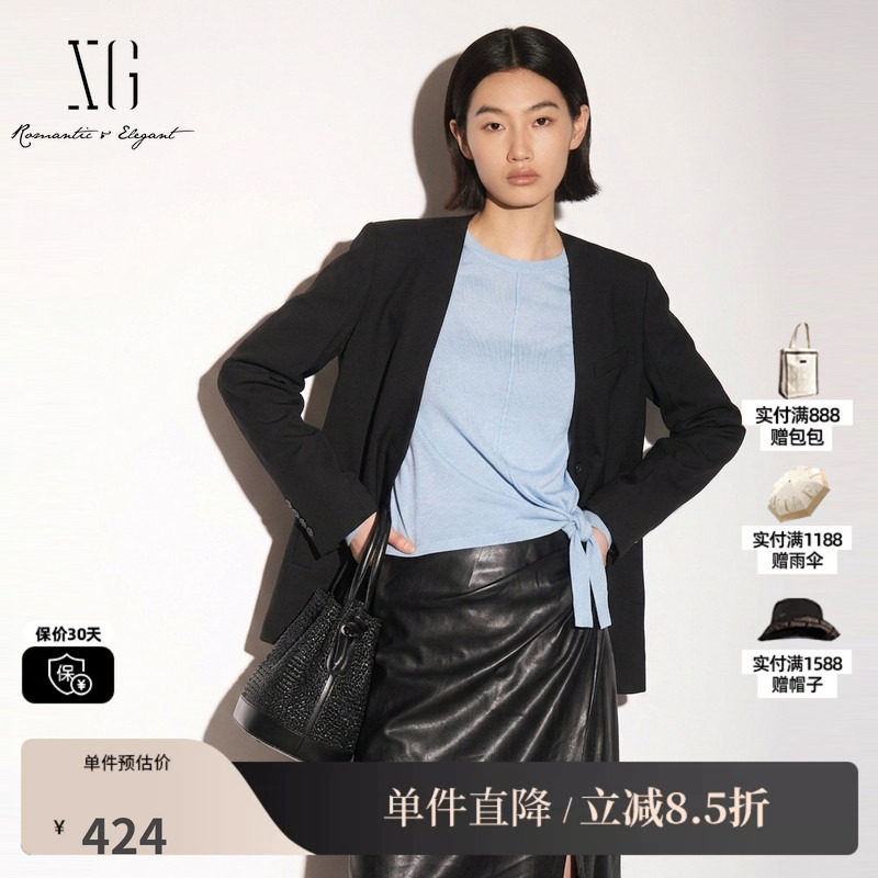XG/雪歌XK307720A890黑色羊毛混纺V领长袖西装外套直筒通勤简约女