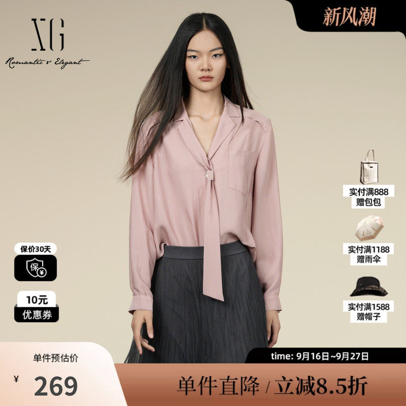 XG/雪歌XK321010A318粉色醋纤长袖衬衫2025秋季新款系带领上衣女