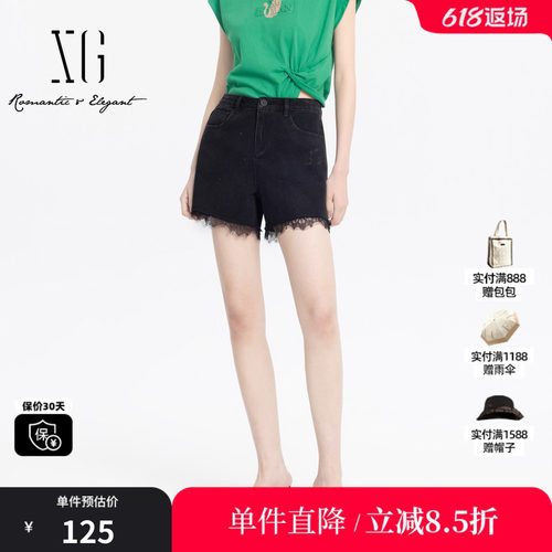 XG/雪歌XJ202018A390黑色蕾丝拼接牛仔裤时尚夏季新款显瘦短裤女
