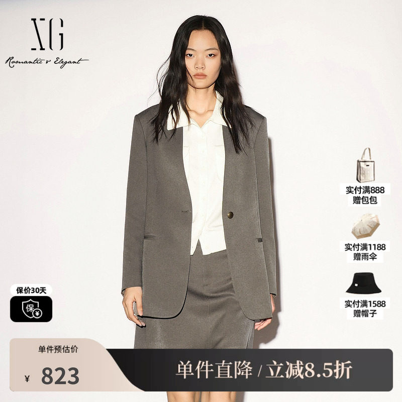 XG/雪歌XL307009A443咖绿色V领长袖西装外套通勤简约高级上衣女装