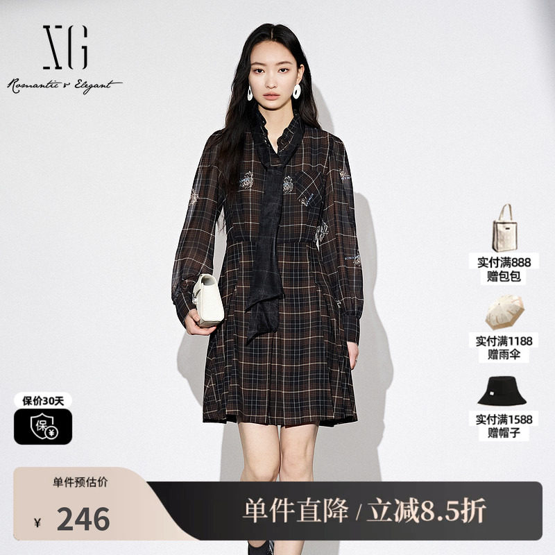 XG/雪歌XJ304014B395格纹长袖连衣裙时尚秋季新款通勤衬衫A字裙女