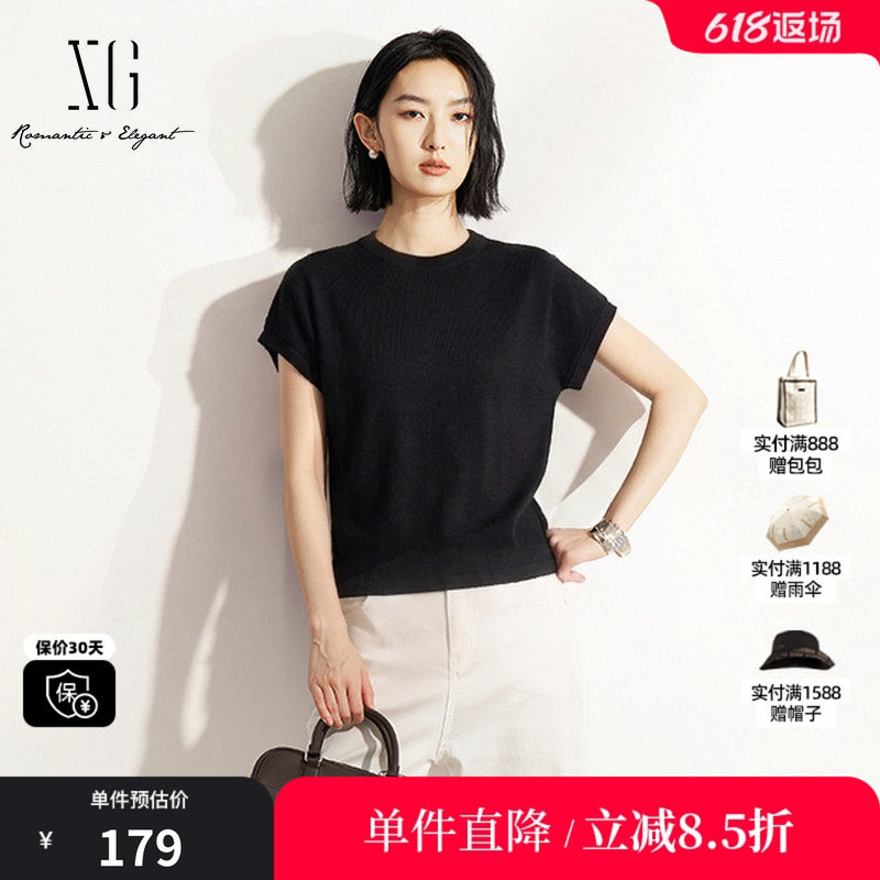 XG/雪歌XM201647A890黑色莱赛尔纯色短袖T恤圆领修身飞袖上衣女装