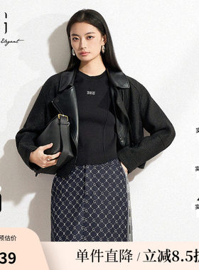 XG雪歌XK107027A190小香风黑色短外套2025春季新款长袖翻领外套女