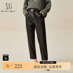 雪歌XJ402049A190黑色街头风休闲裤 皮质直筒裤 时尚 新款 女 冬季