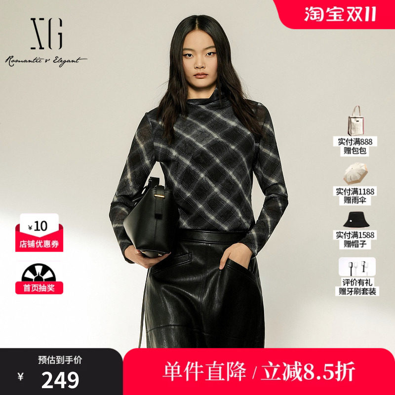 XG/雪歌XL401009B505格纹半高领直筒修身长袖T恤打底内搭上衣女装