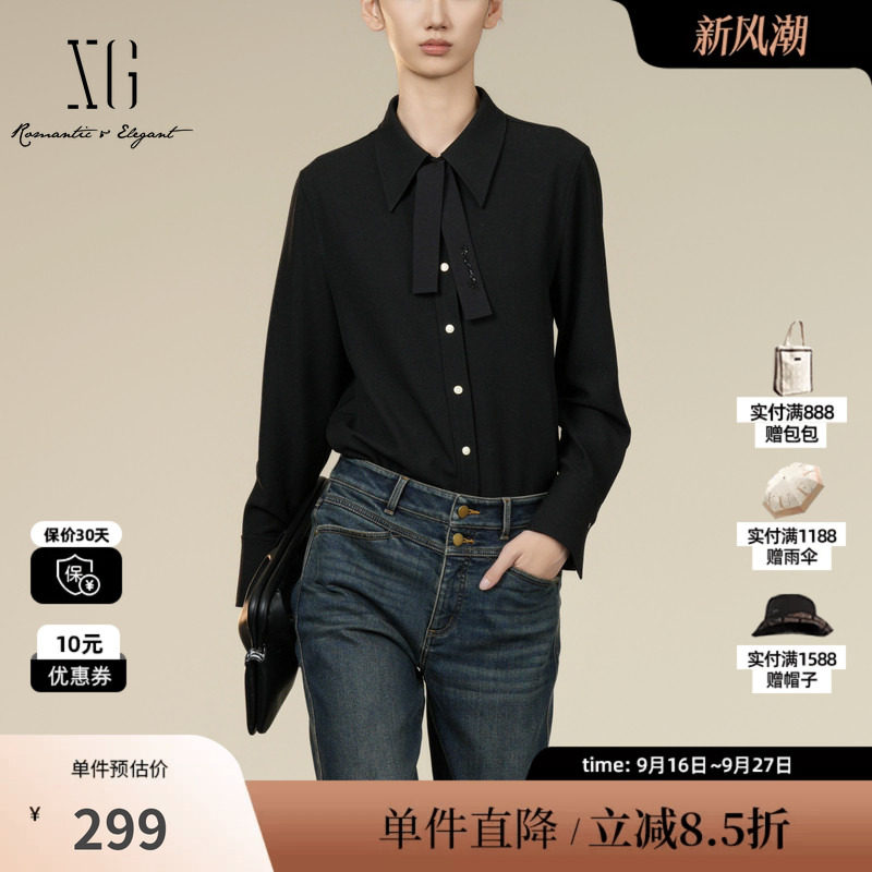 XG/雪歌XK421008A590黑色长袖衬衫2025冬季新款飘带领厚款上衣女