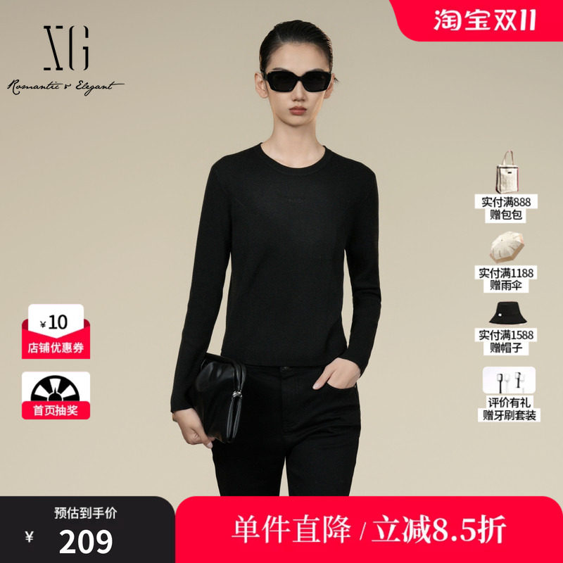 XG/雪歌XK411030A290 黑圆领修身毛针织衫通勤休闲打底毛衫毛衣女