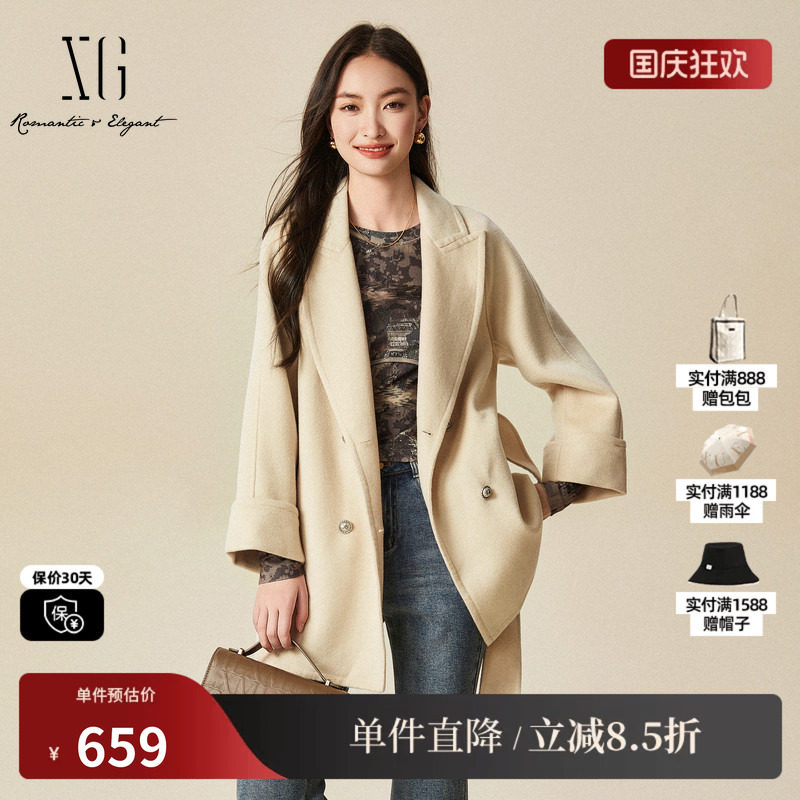 XG/雪歌XJ410040A291纯绵羊毛毛呢外套时尚冬季新款中长款大衣女