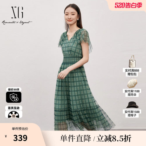 XG/雪歌XJ204059B695格纹网纱连衣裙时尚夏季新款高腰短袖长裙女
