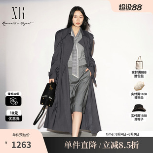 XG/雪歌 XL308007A583深灰色翻领长款双排扣风衣外套老钱高级女装