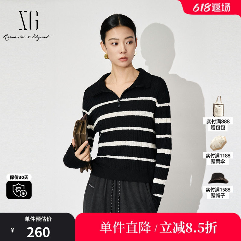 XG/雪歌XL311819A899 黑白撞条纹设计针织衫长袖通勤毛衫毛衣女装