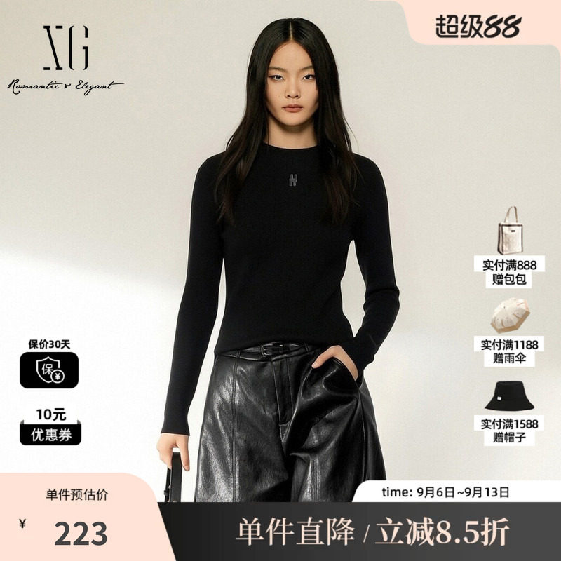 XG/雪歌 XK411773A890黑色羊毛混纺刺绣圆领针织衫修身打底毛衣女