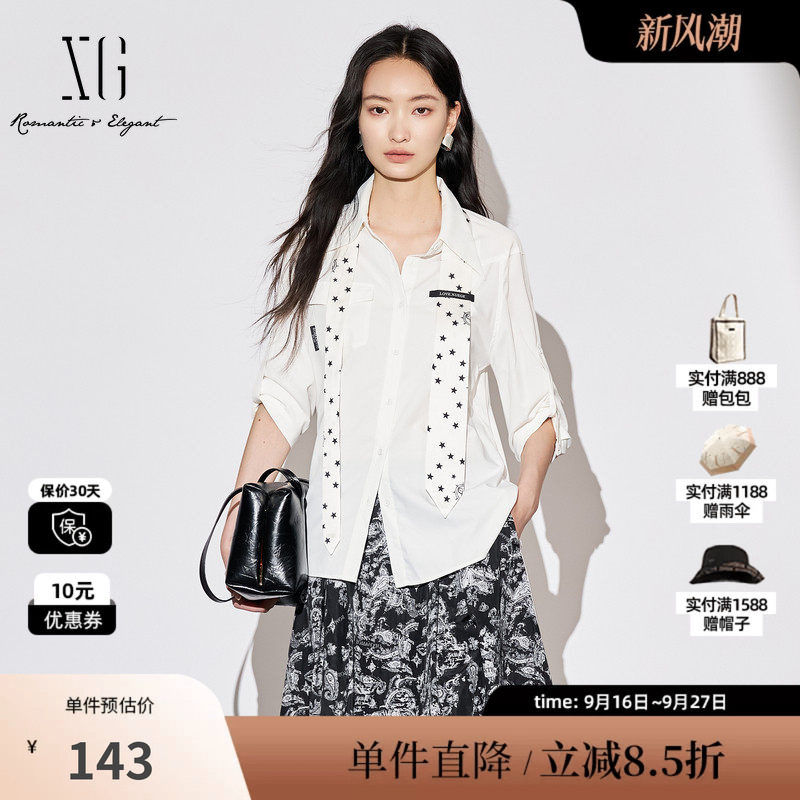XG/雪歌XJ321032A151白色翻领衬衫时尚秋季新款领带搭配上衣女装