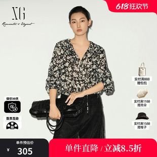 XG/雪歌XL121018B393纯棉花版长袖衬衫V领荷叶边垂感丝带上衣女装