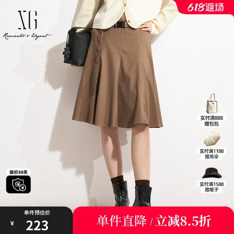 XG/雪歌XK103017A373卡其色高腰半身裙2025春季新款中长A字裙女装