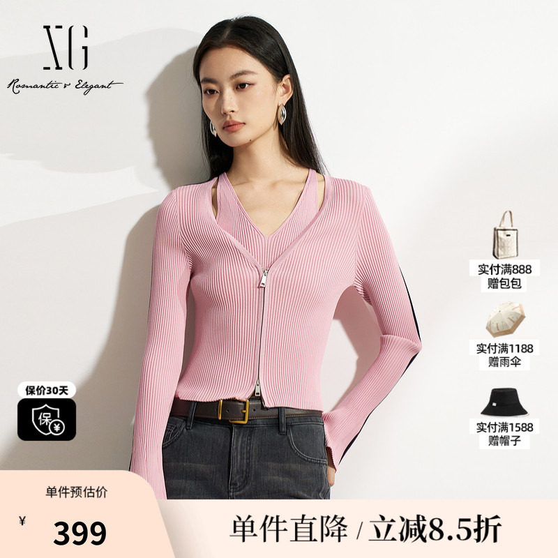 XG/雪歌XK111503A816 黑粉色假两件针织衫修身显瘦套头长袖毛衣女