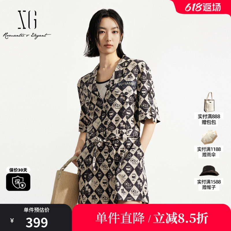 XG/雪歌XK202540B806 黑白花版莱赛尔翻领短袖休闲短裤连体裤女装