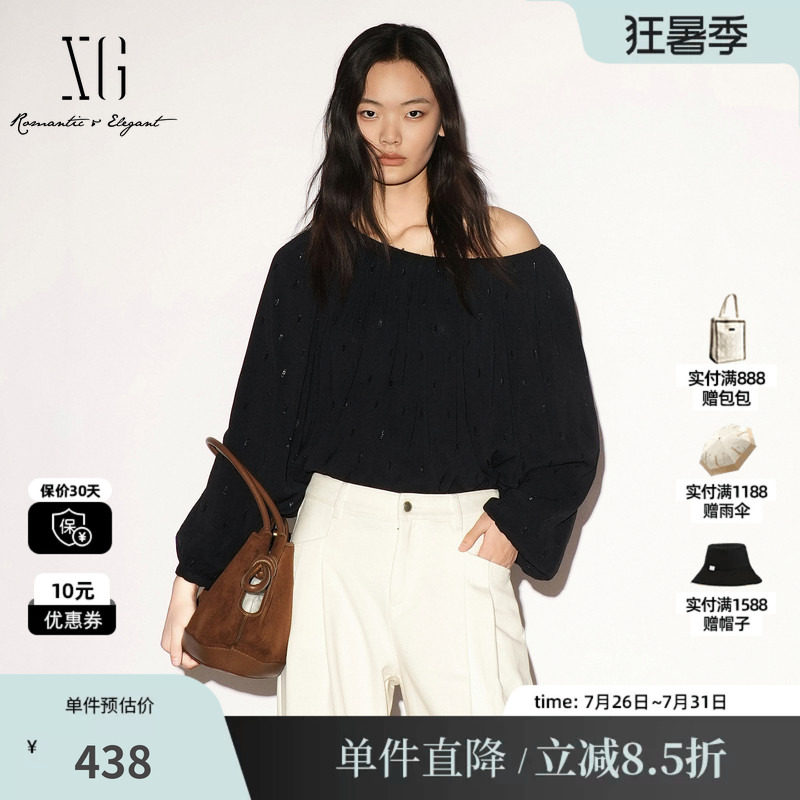XG/雪歌 XL321002A428藏青色亮片弹力领口长袖衬衫休闲简约宽松女