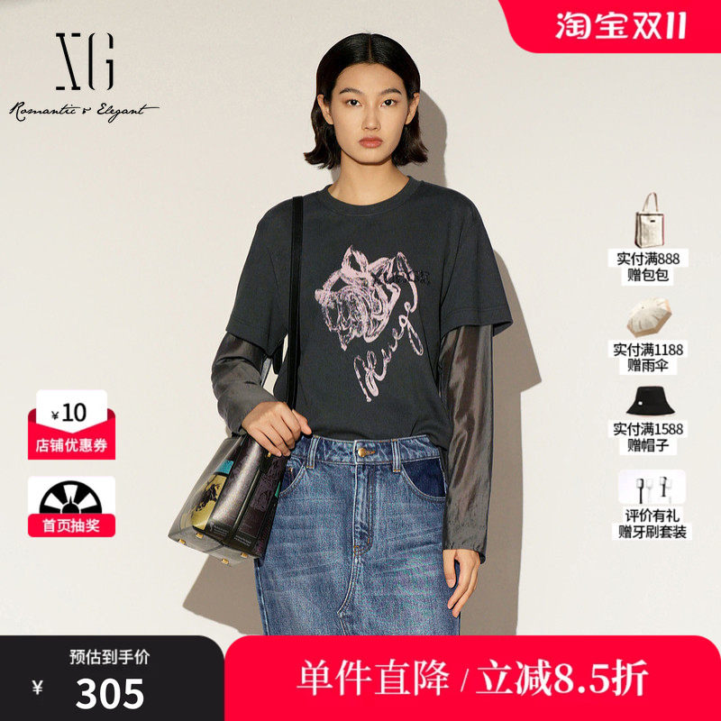 XG/雪歌XL101005A383棉感假两件T恤圆领拼接宽松直筒打底上衣女装