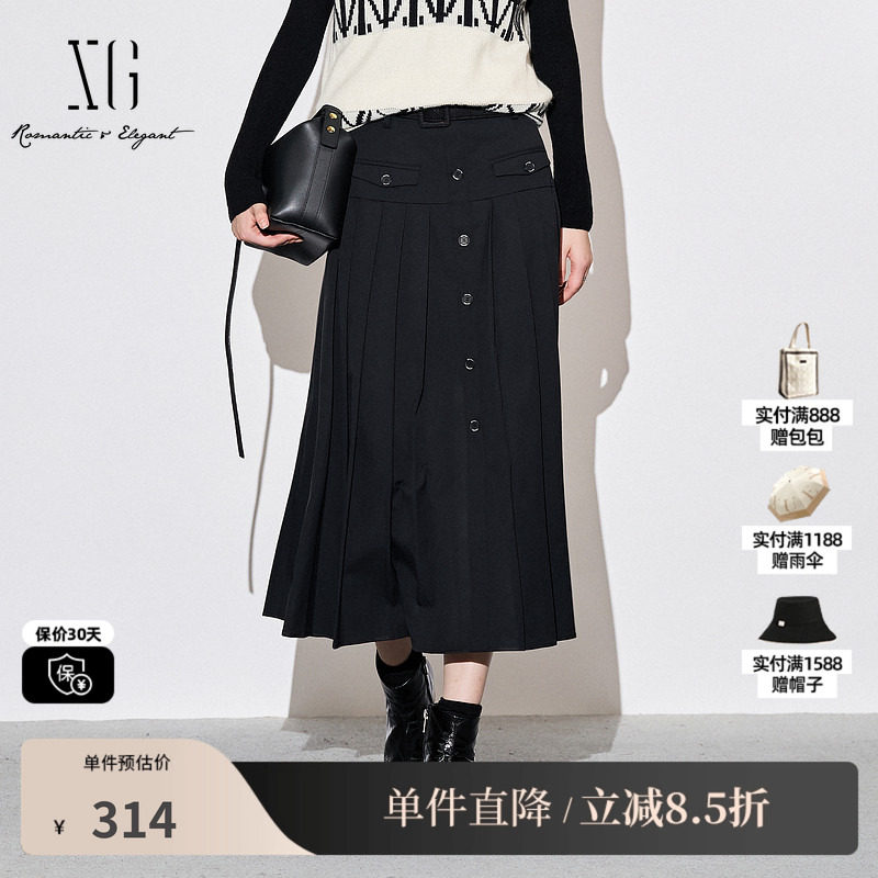 XG/雪歌XJ303007A590高腰黑色半身裙时尚秋季新款中长百褶A字裙女