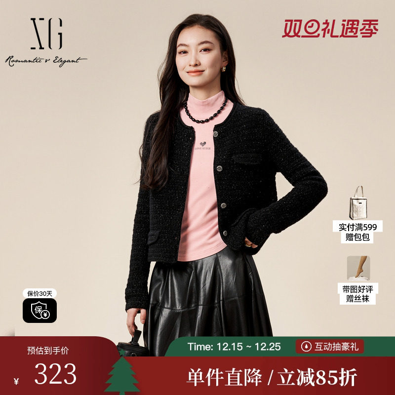 XG/雪歌XK407517A890黑色绵羊毛短外套时尚冬季新款小香风大衣女