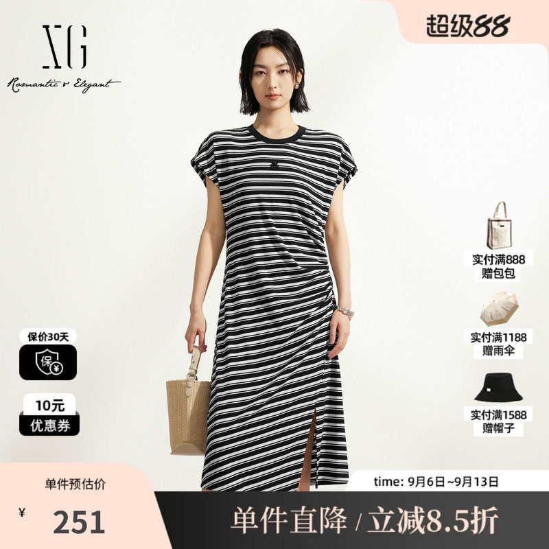 XG/雪歌XM204532B899黑白条纹短袖T恤连衣裙收腰不规则中长裙女装
