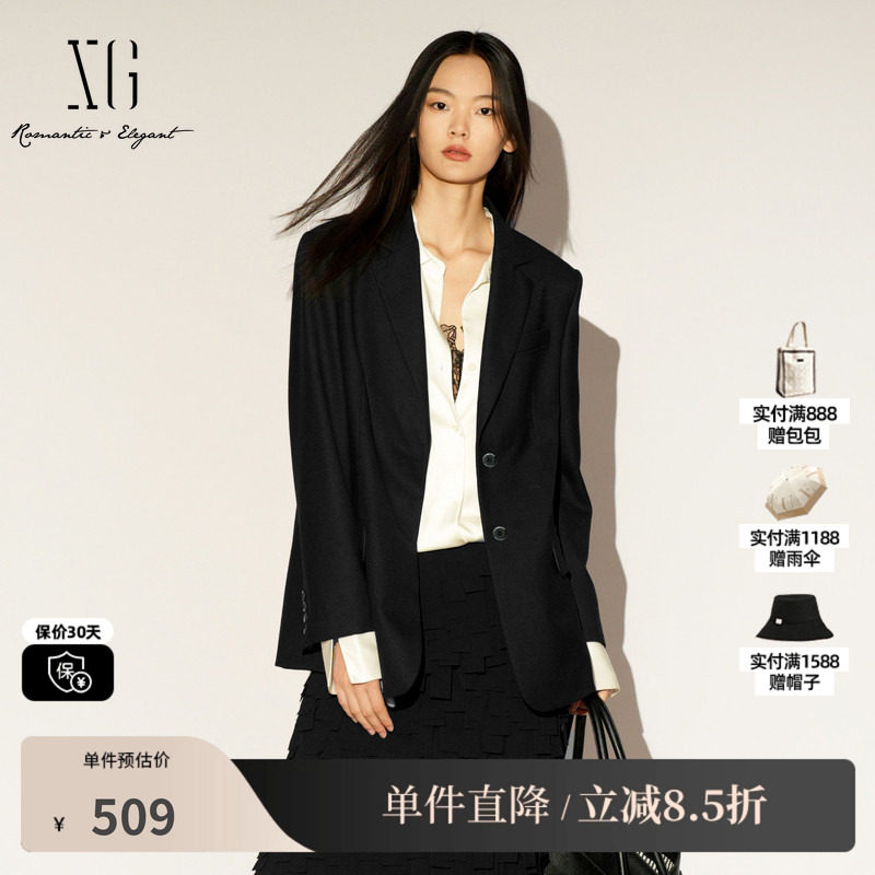 XG/雪歌XL107005A190 黑色通勤简约休闲西装翻领羊毛混纺外套女装