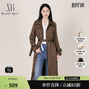 领垂感高级休闲外套女 咖色直筒中长风衣衬衫 雪歌XL108008A409