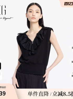 XG/雪歌XJ201019A690黑色荷叶边无袖T恤时尚夏季新款V领上衣女装