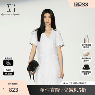 XG/雪歌XL204024A251白色V领飘带短袖连衣裙收腰简约直筒中裙女装
