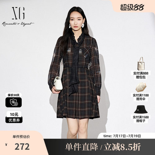 XG/雪歌XJ304014B395格纹长袖连衣裙时尚秋季新款通勤衬衫A字裙女