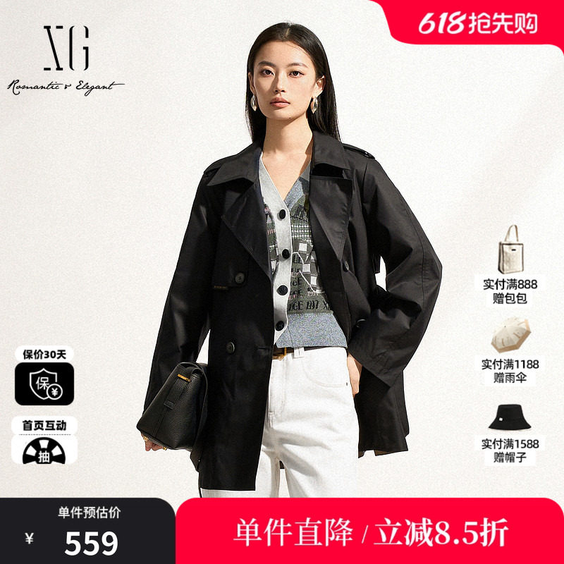 XG/雪歌XK108007A290中长款棉感风衣2025春季新款黑色长袖外套女